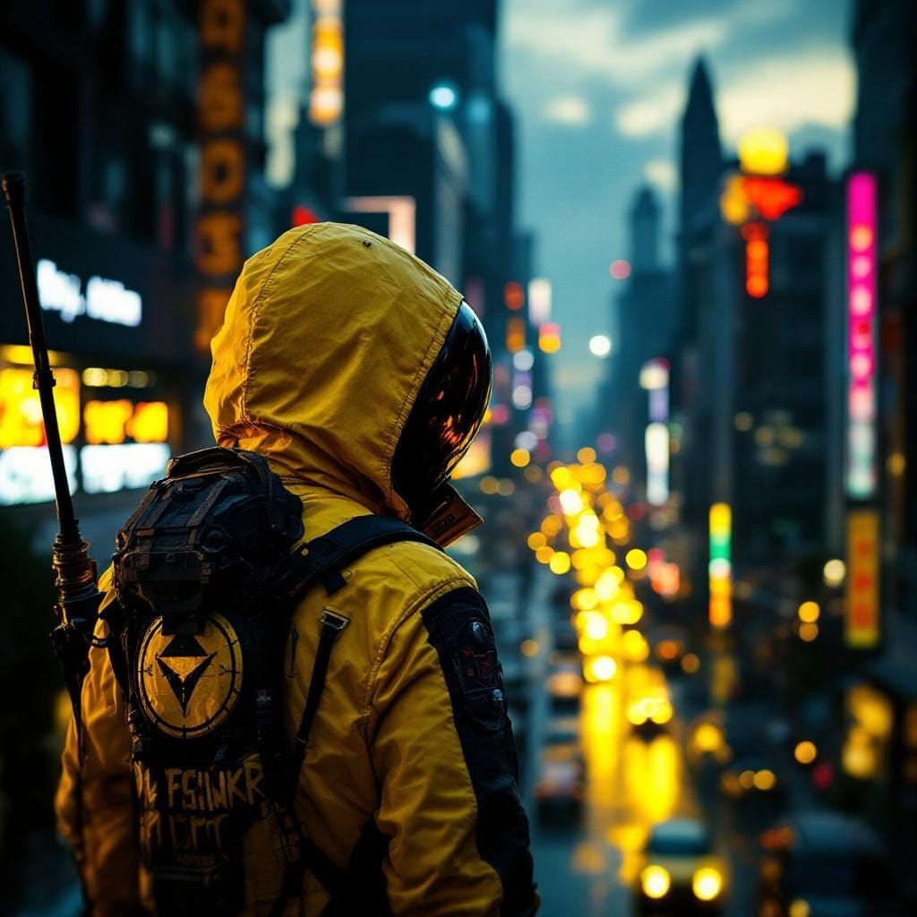 Dystopian Thrill-Seeker in a Neon Cityscape