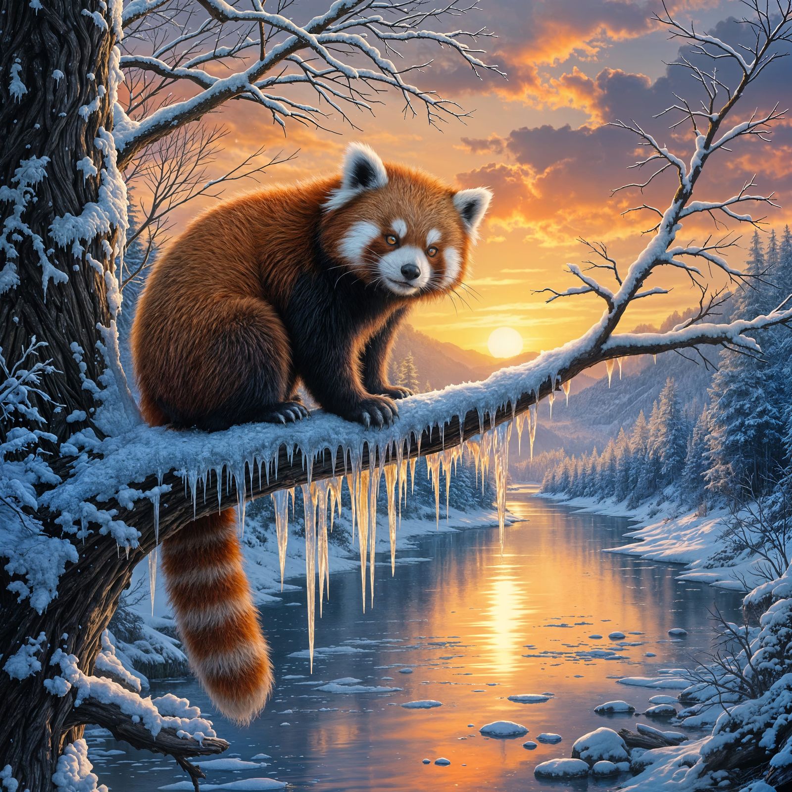 Red Panda in Winter Sunset Reflection