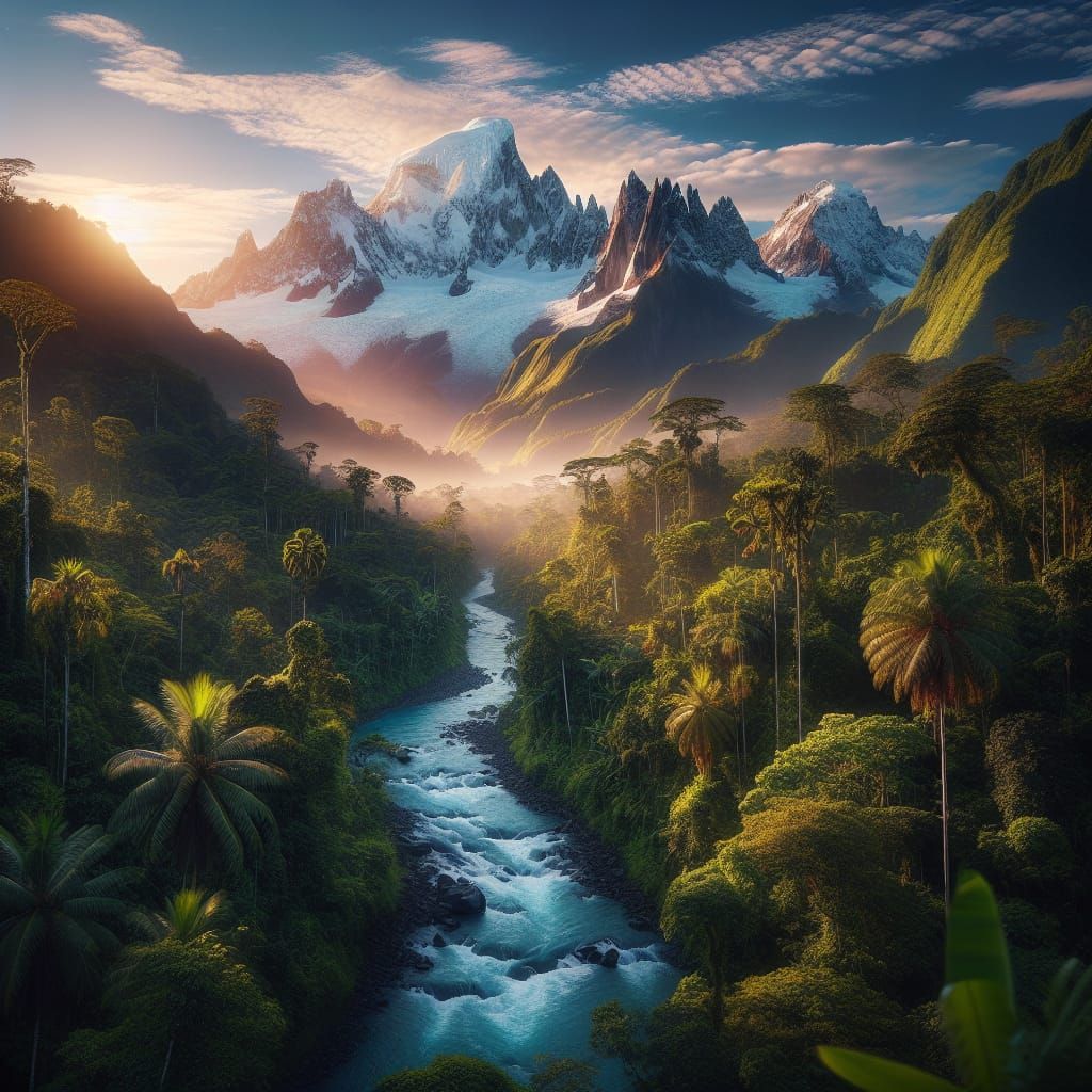 Lush Tropical River Valley with Snow Mountains