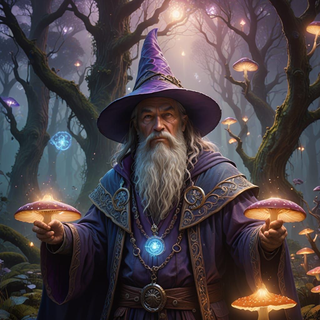 Mystical Wizard Surrounded by Glowing Mushrooms in a Fantast...