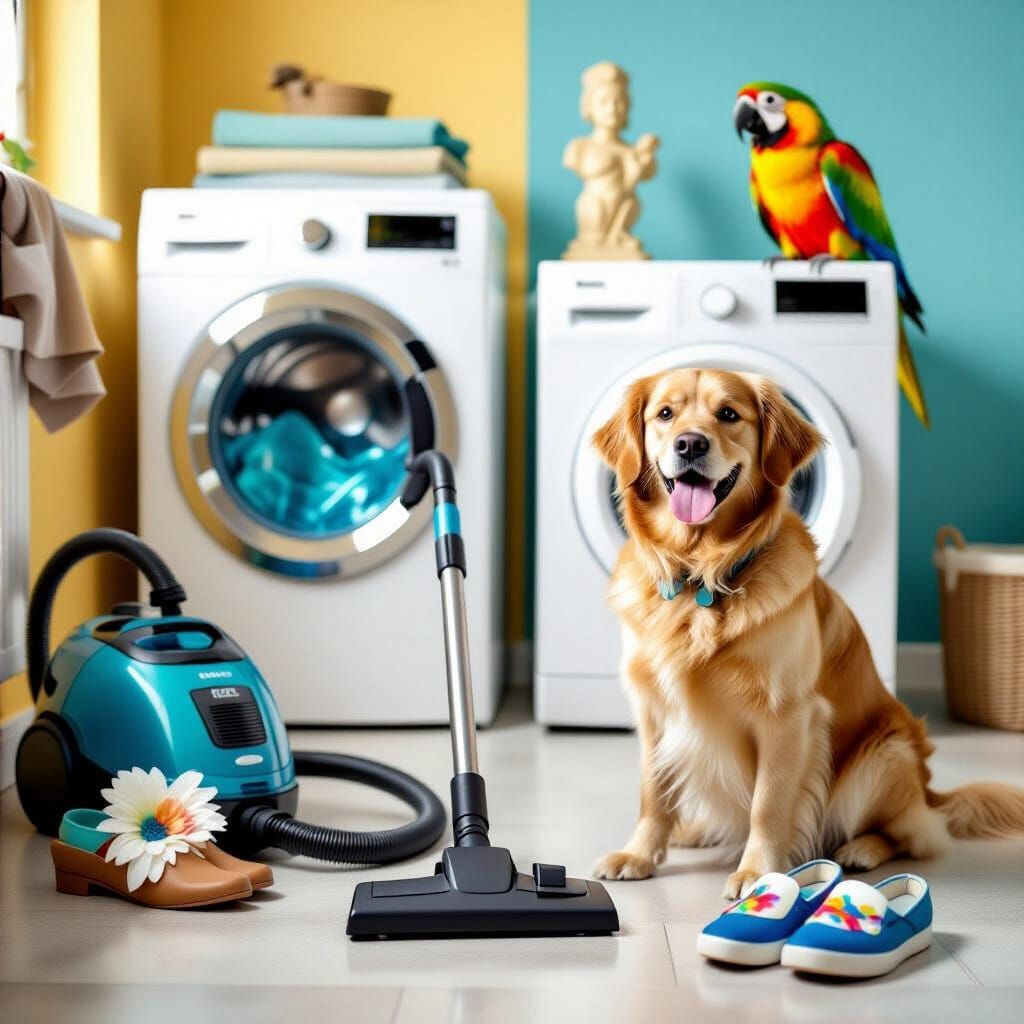 Collage of Dog, Shoes, and Parrot with Household Items