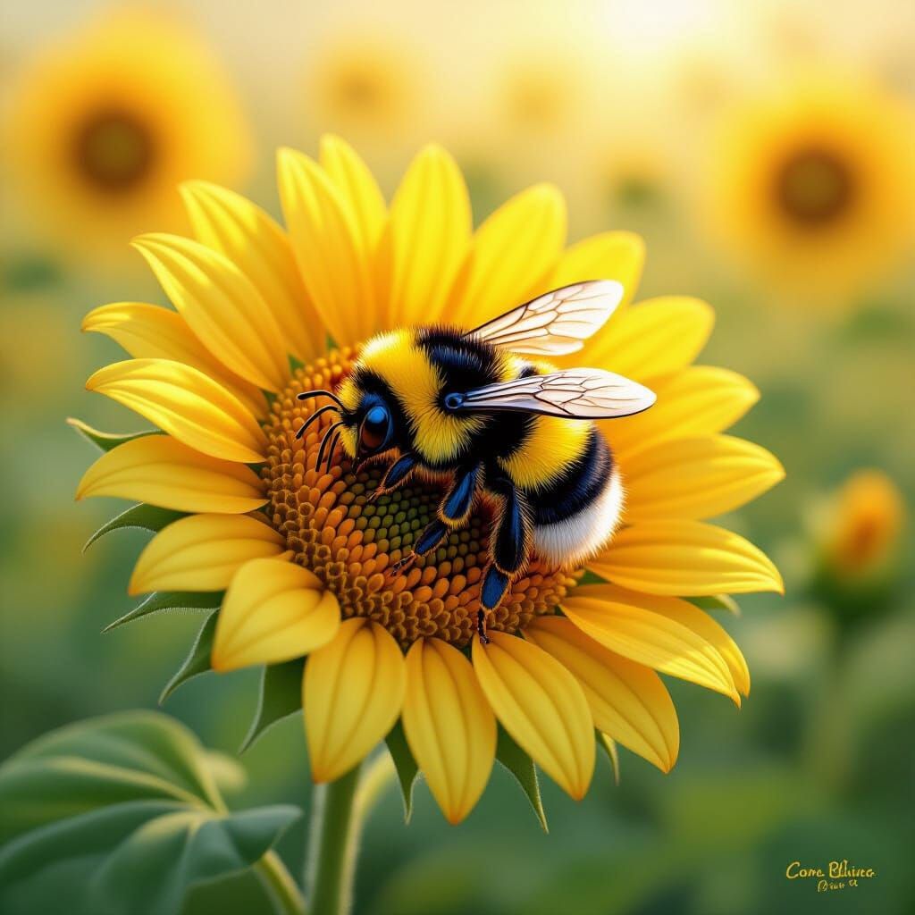 Bumblebee in Sunflower Field, Potteresque Illustration