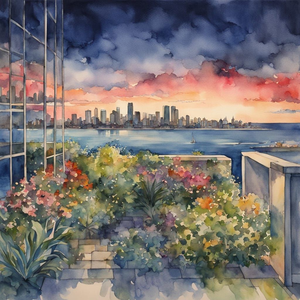 watercolour, reverse perspective, City Skyline, Garden, Ocean, Twilight, vibrant sunset