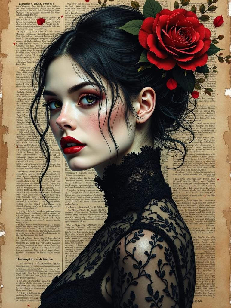 Mysterious Vampiress Portrait in Mixed Media Collage