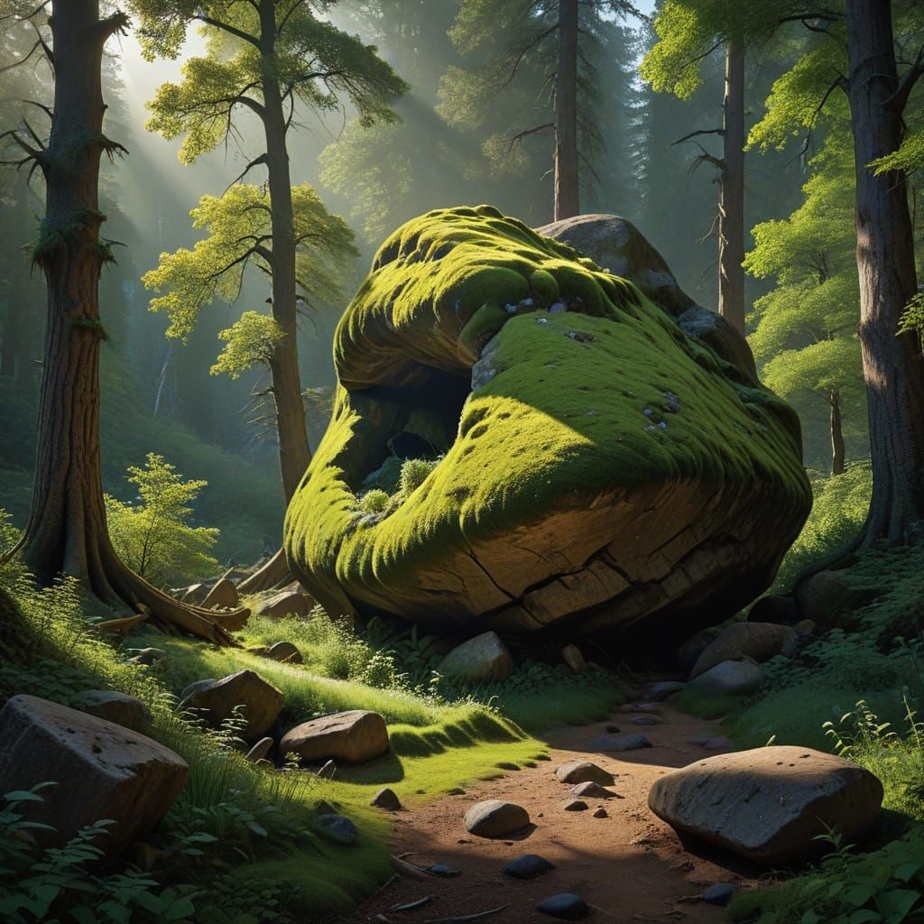 Weathered Boulder in Lush Forest Landscape