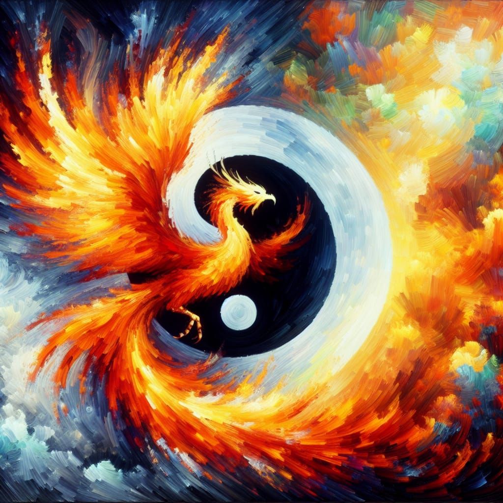 Fiery Phoenix Yin Yang in Neo-Impressionist Style