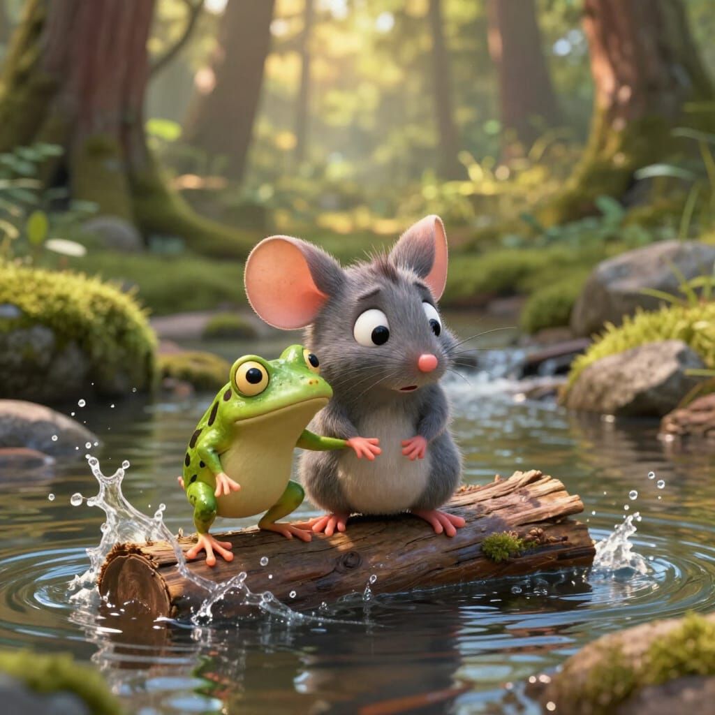 Heroic Frog Rescues Scared Mouse in Forest Stream