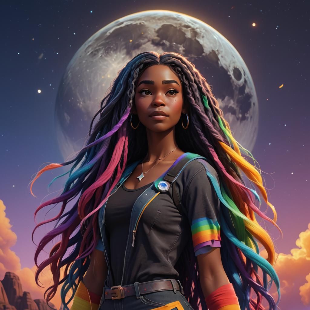 Rainbow Hair Under the Moon: 3D Digital Art