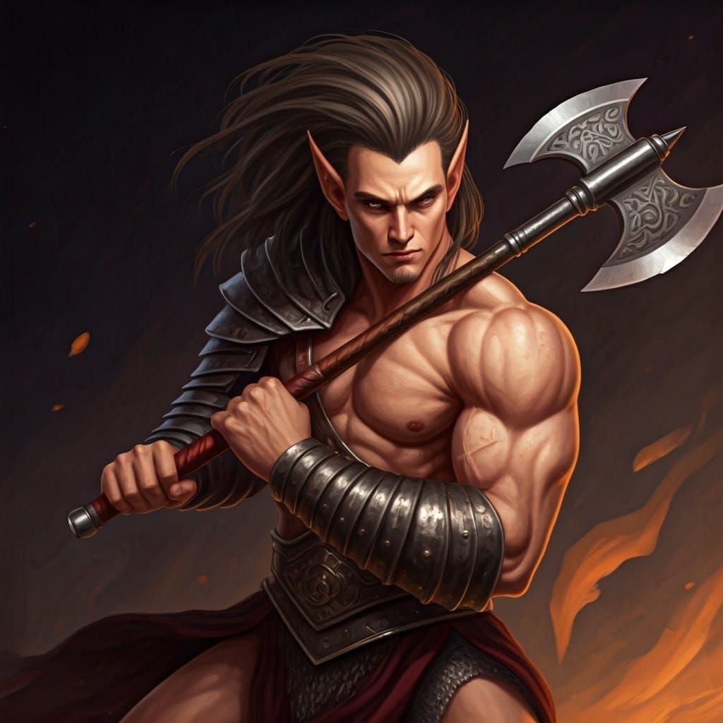 Half-Elf Gladiator Swinging Battle Axe