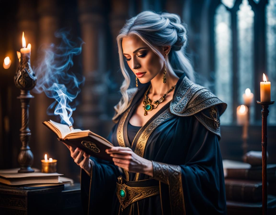 Mystical Sorceress in Magic Chamber with Flowing Robes