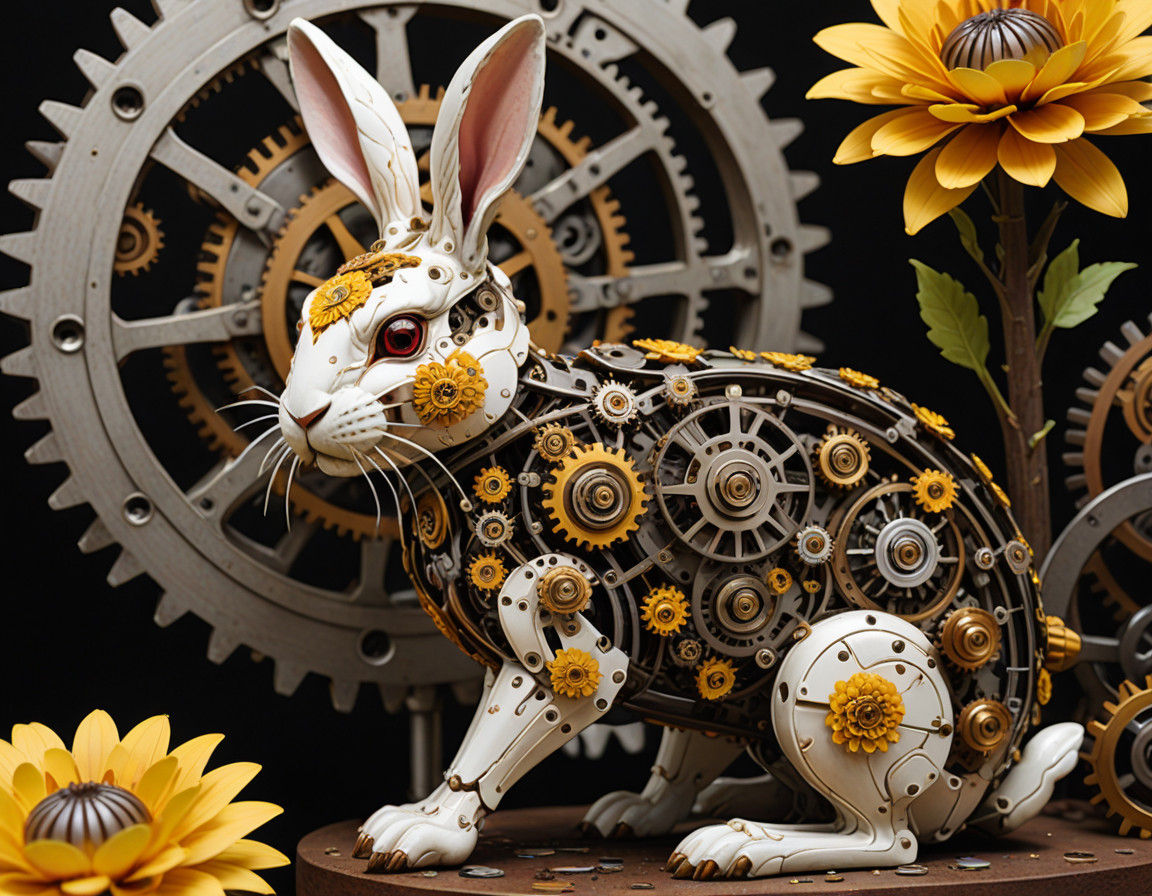 Rabbit Observes Mechanical Chrysanthemum Unfurling in Gears...