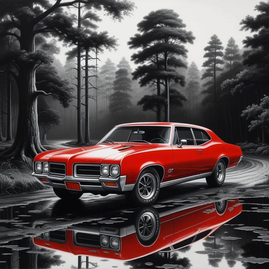 Red 1968 Pontiac GTO in Monochrome Oil Painting
