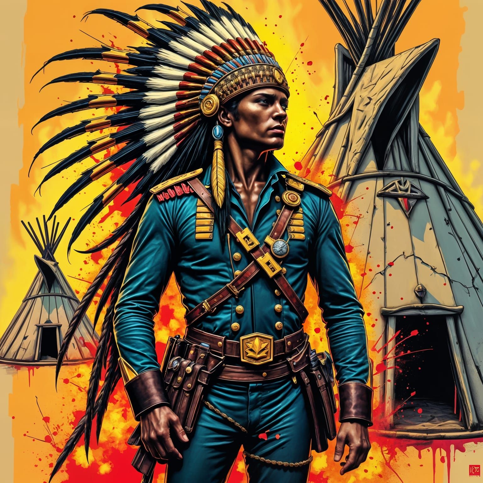 Sergeant in Native American Headdress, Standing Before Teepe...