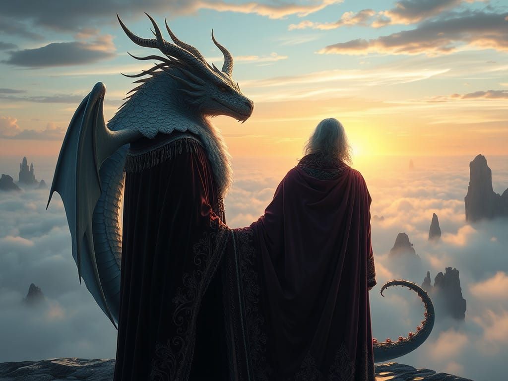 Majestic Wizard and Dragon Contemplate the Cosmos