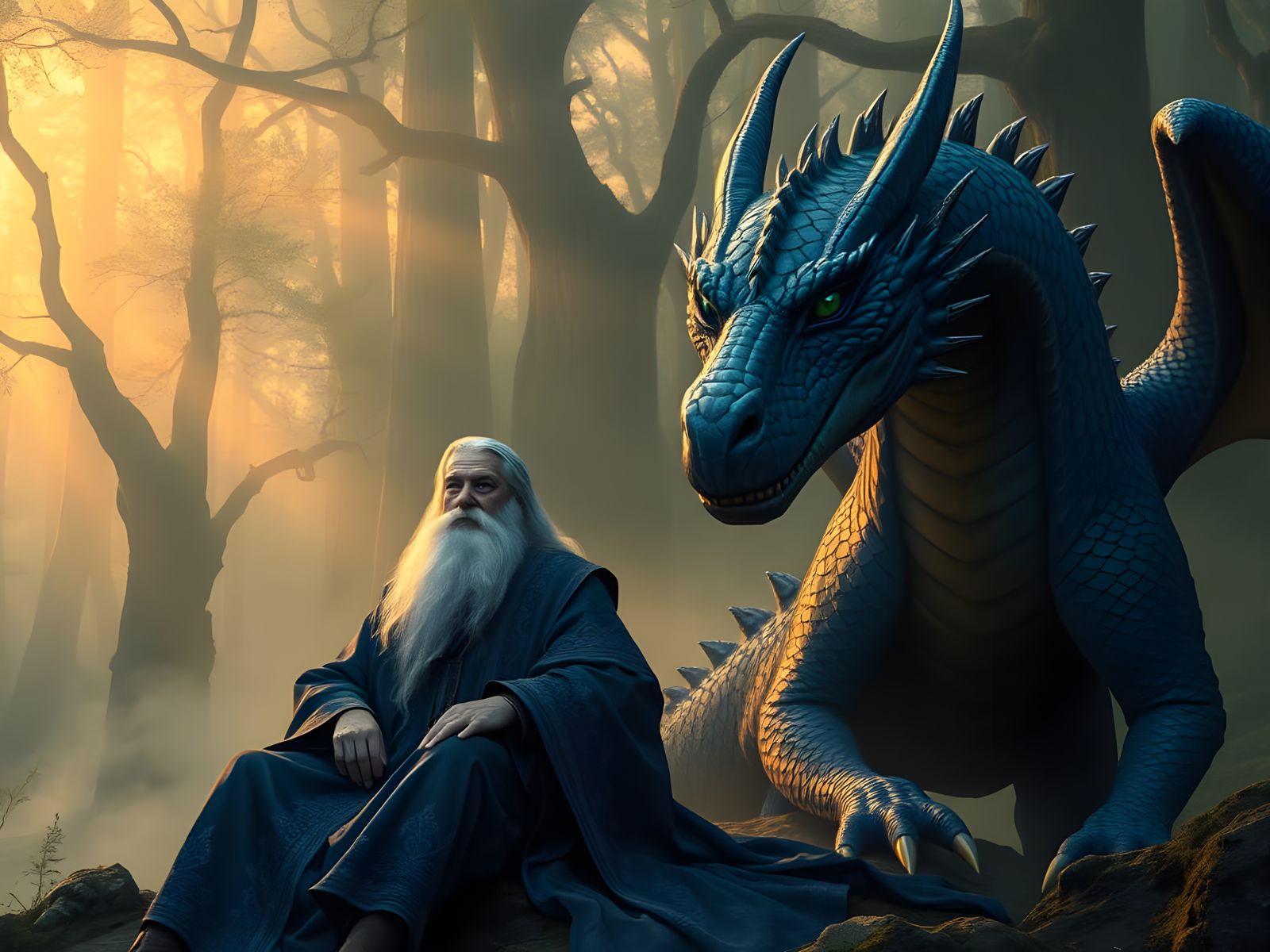 Wise Wizard and Dragon in Ancient Forest Contemplation