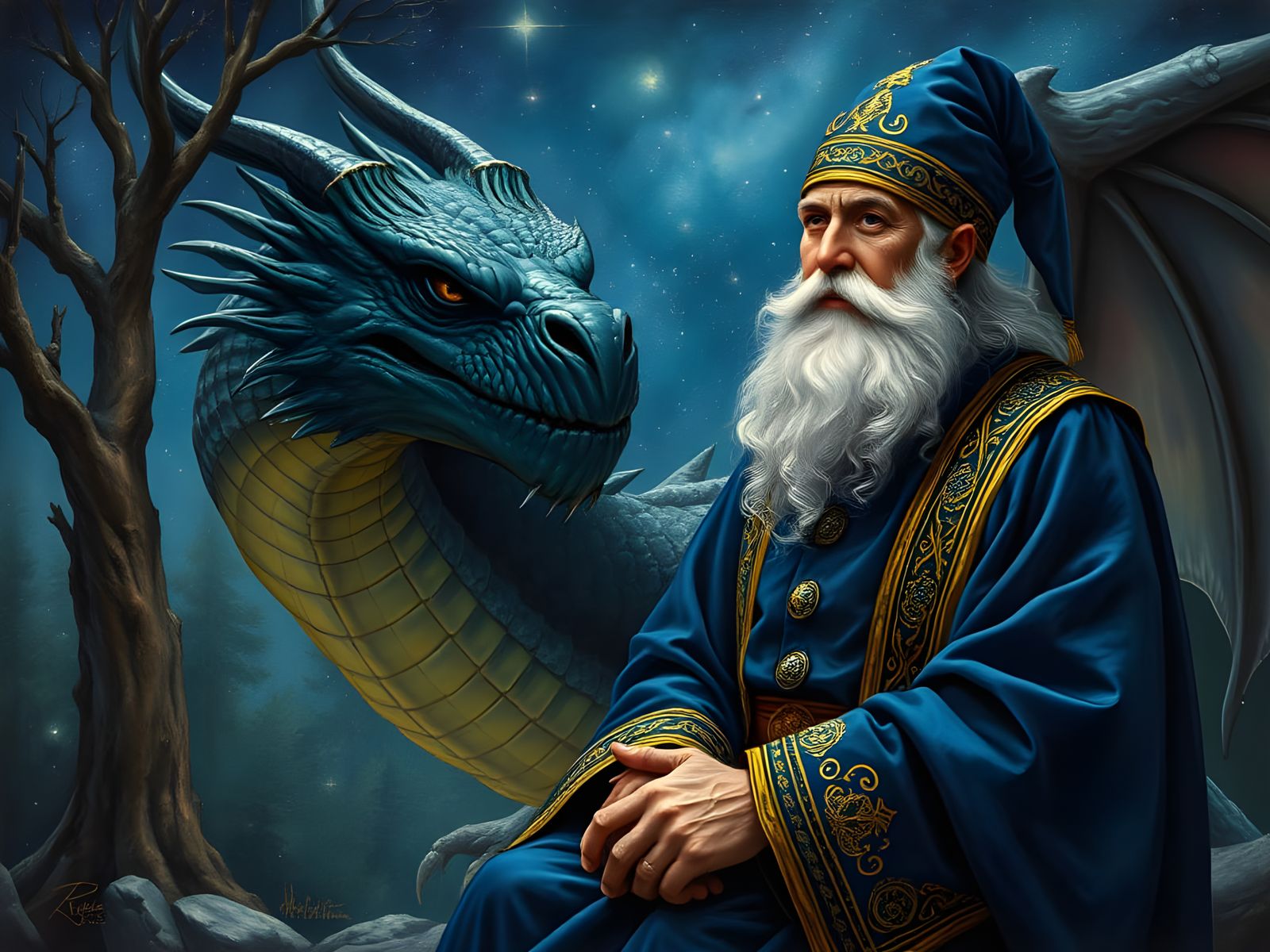 Majestic Wizard and Dragon in an Ethereal Fantasy Realm