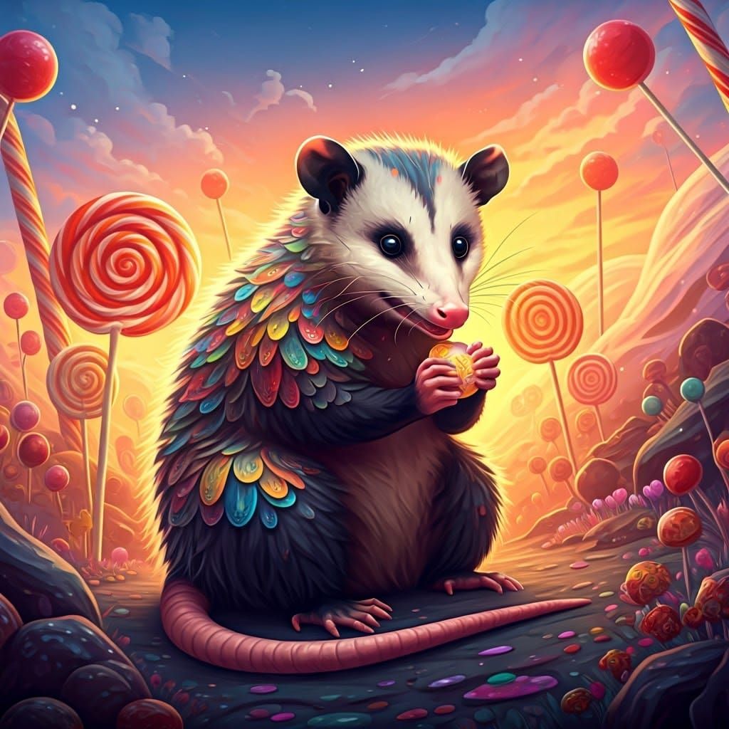 Opossum in Candy Land: A Whimsical Matte Painting