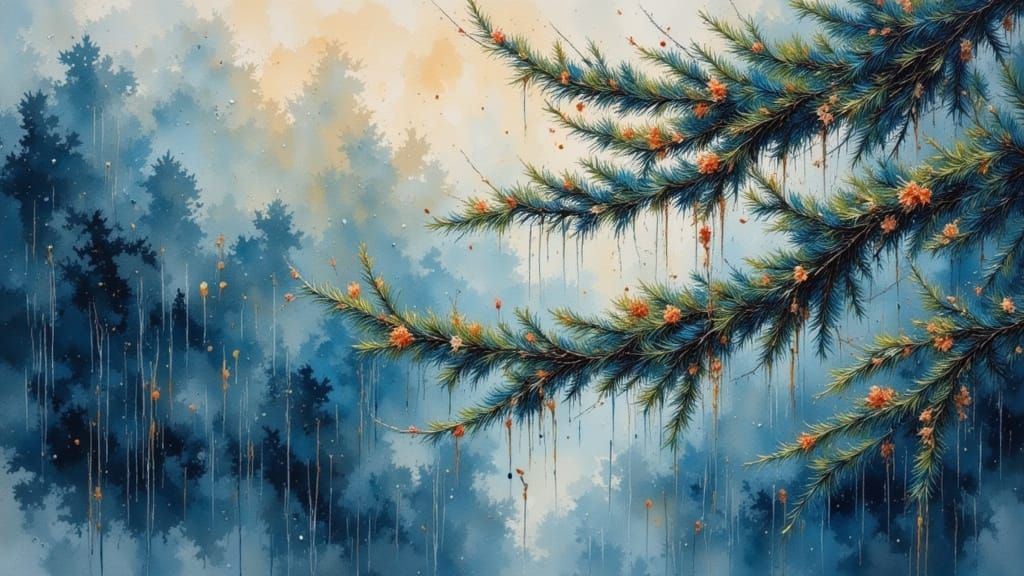 Wet Fir Bough in Autumn Mist Watercolor Painting