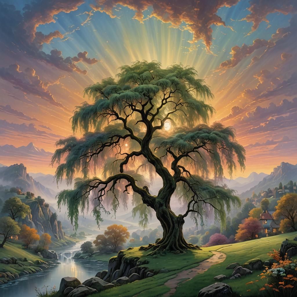 Weeping Willow in Surreal Sunset Landscape