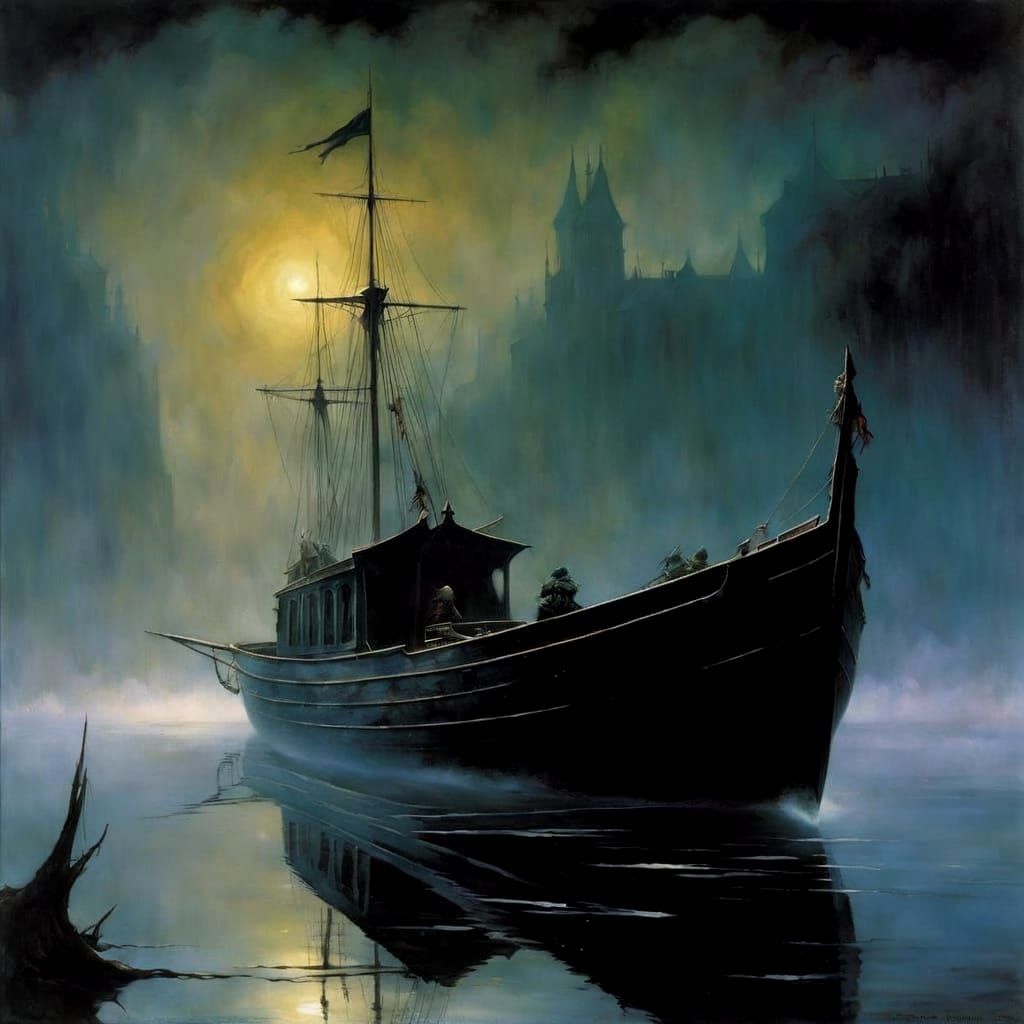 Dark Fantasy Boat in Fog with Dramatic Lighting