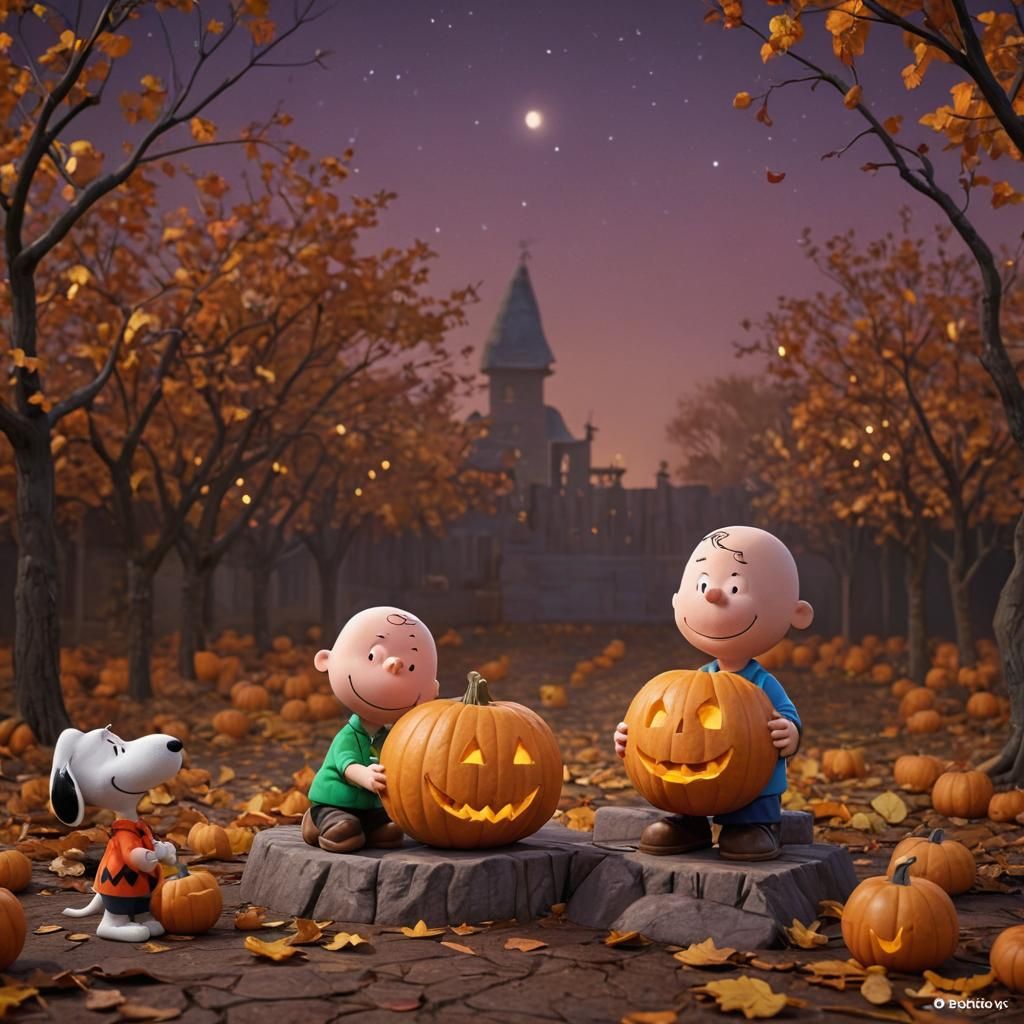 Charlie Brown and Linus Carving Pumpkins: 3D Digital Art