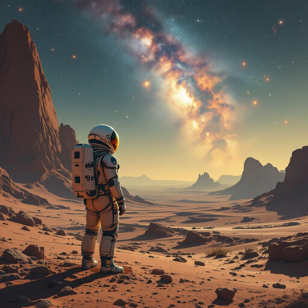 Astronaut Contemplates Nebula on Barren Alien World