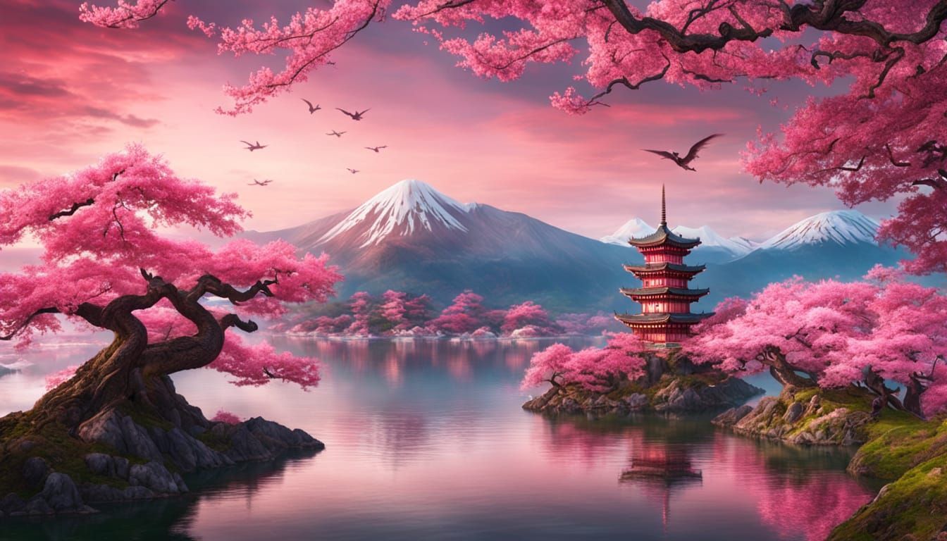 Elegant Pink Dragon Soars Above Sakura Island