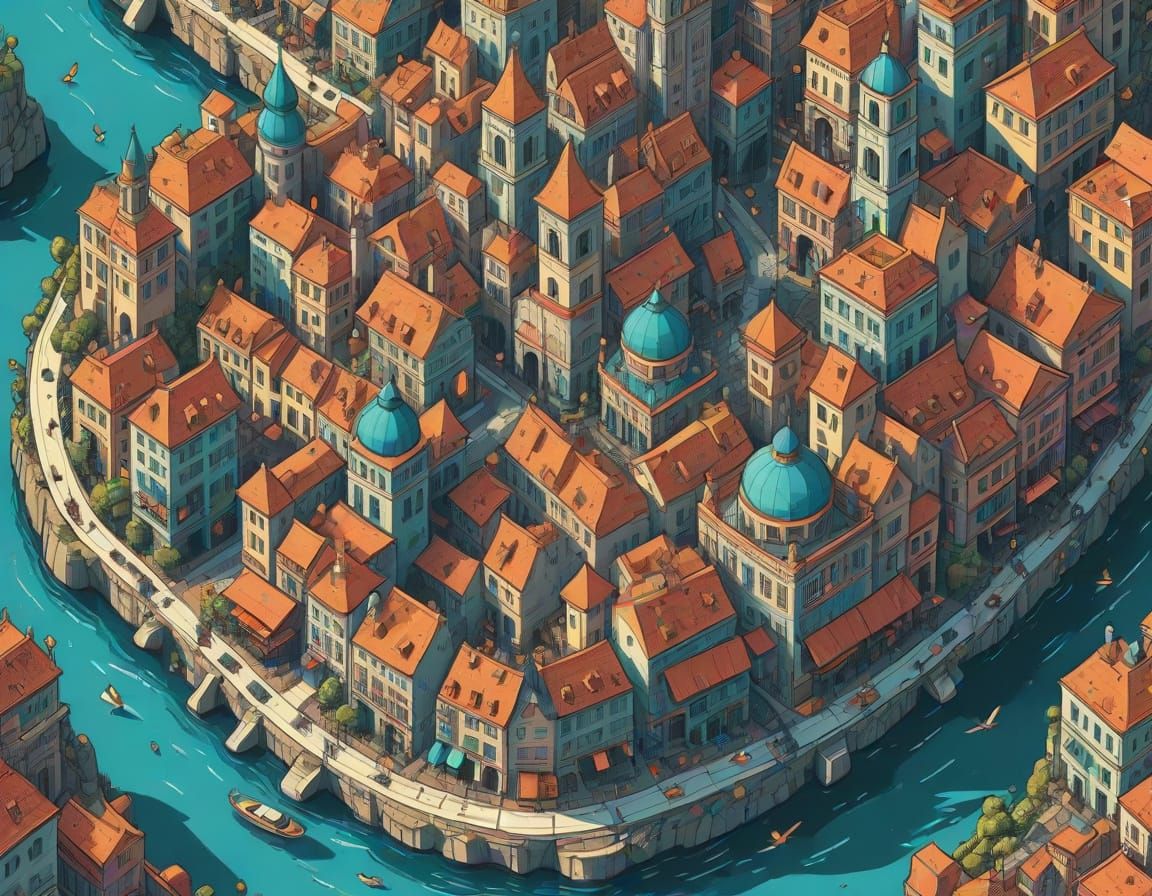 Bird's Eye View of a Glowing Fantasy City