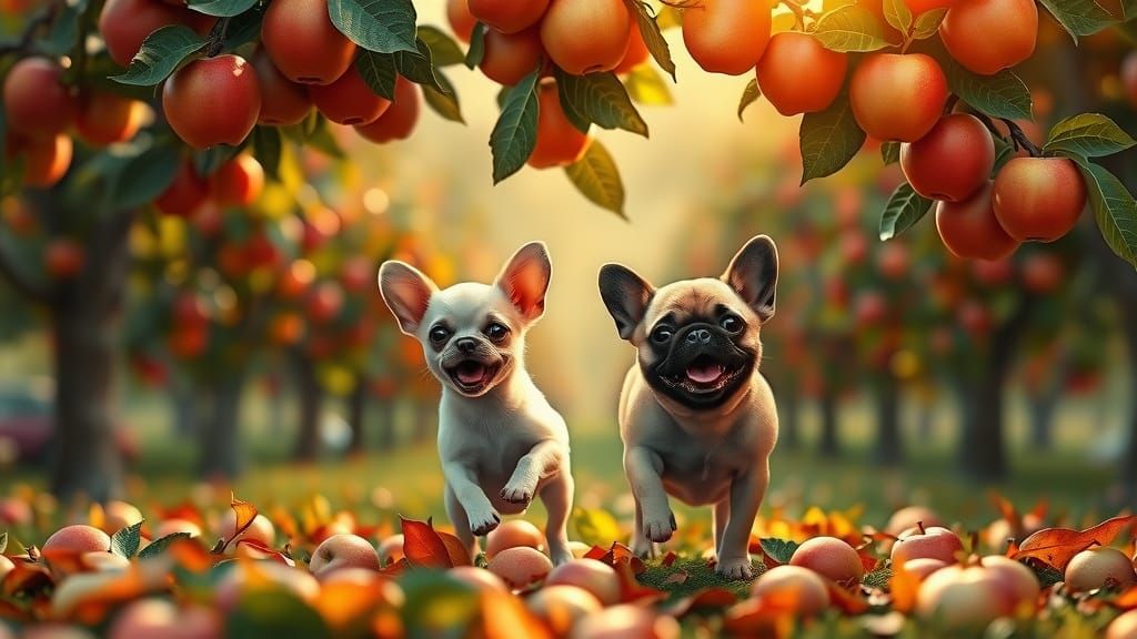 Chihuahua and Pug Puppies Play in Apple Orchard