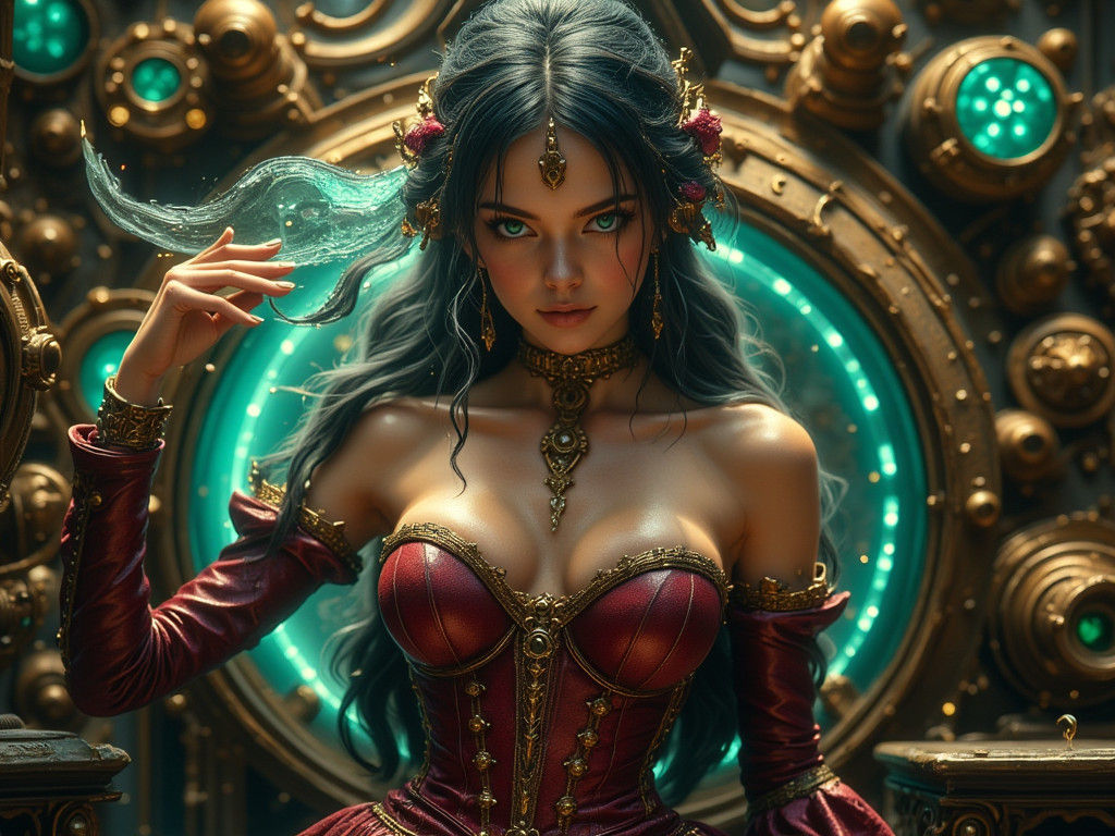 Steampunk Lady on Nautilus Deck in Hyperrealistic Style