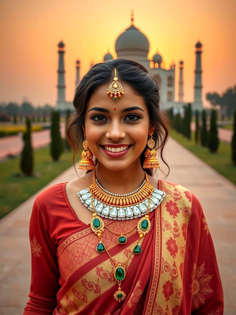 Exotic Indian Princess in Golden Hour at the Taj Mahal