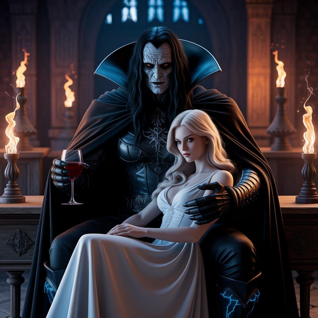 Dark Lord Seated with Captive in Medieval Castle