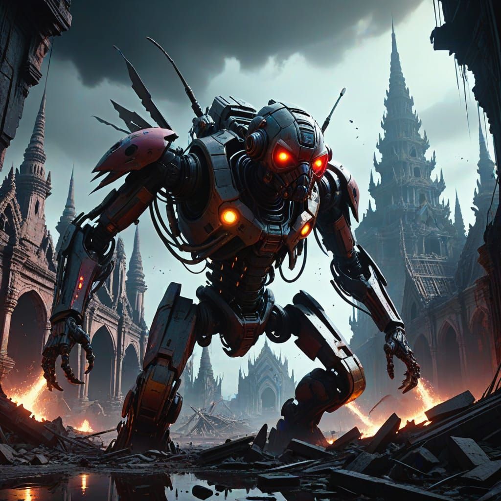 Cyberpunk Cyborg Wasp Amidst Gothic Ruins in Crimson and Sil...