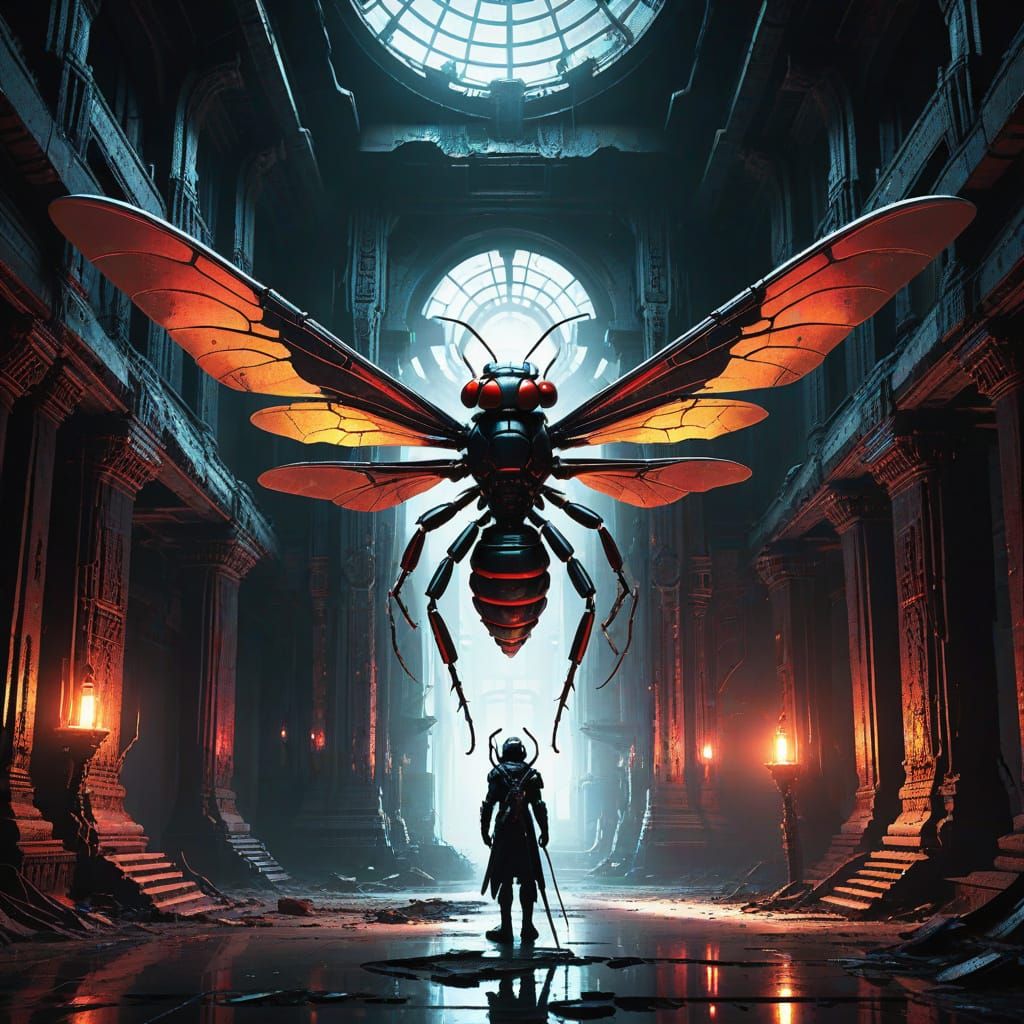 Cyberpunk Cyborg Wasp in Crimson Gothic Temple