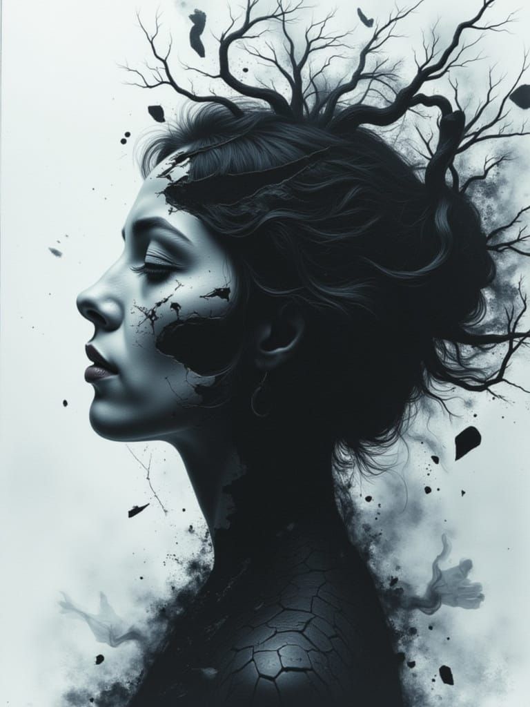 Horror Portrait: Woman's Head Split, Thoughts Escaping