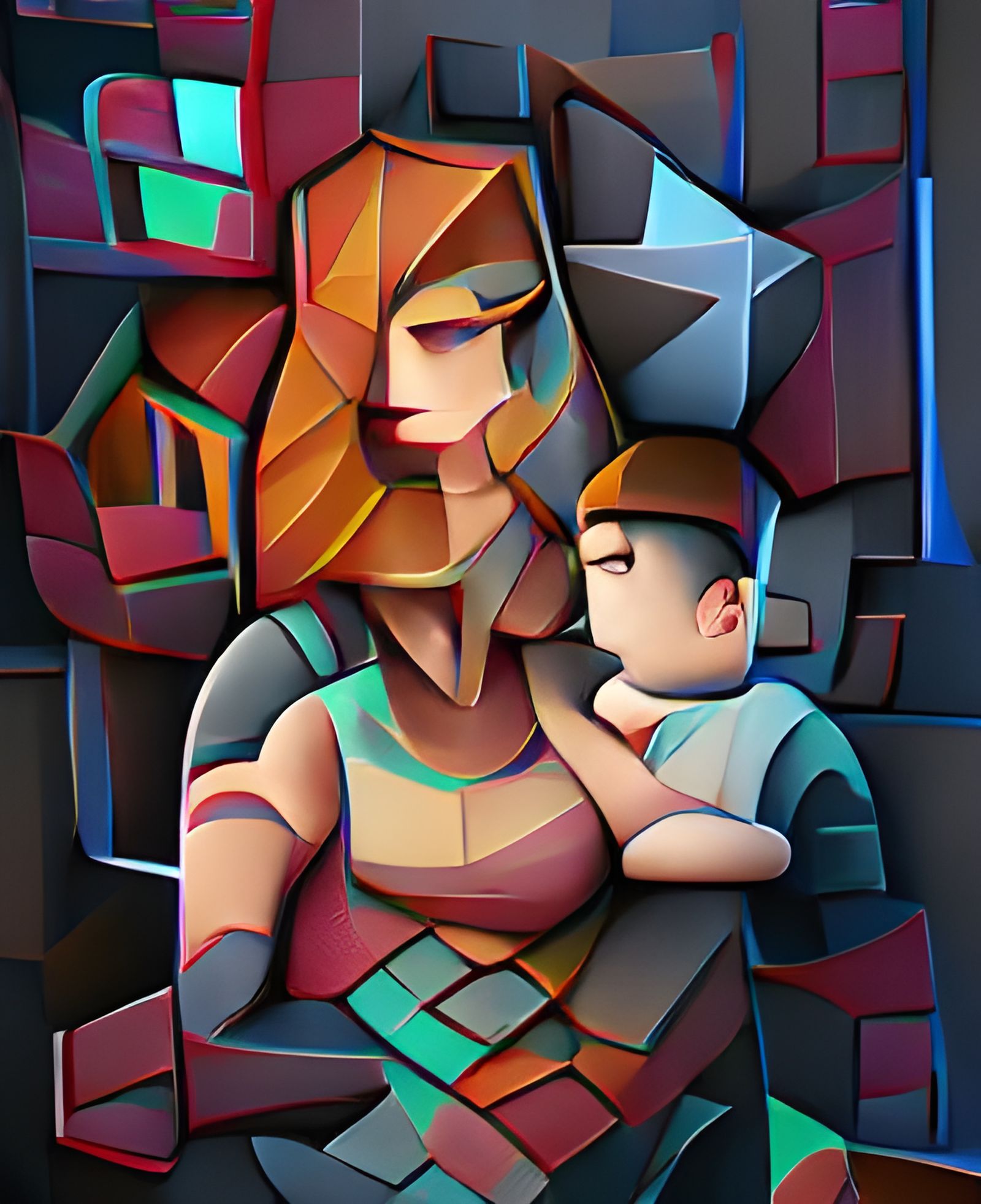 Cubist Pixel Art: Mother and Son in 8K 3D