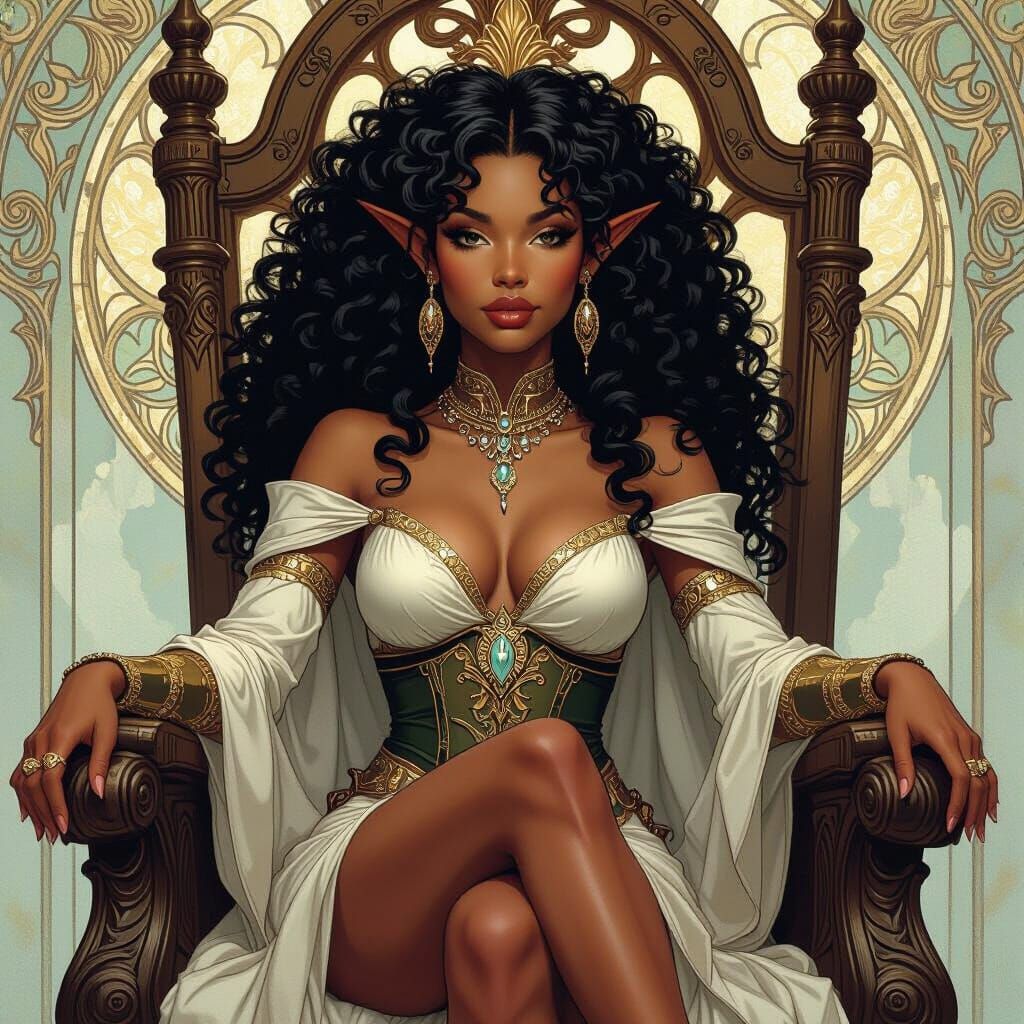 Elegant Black Elf Queen in Art Nouveau Style