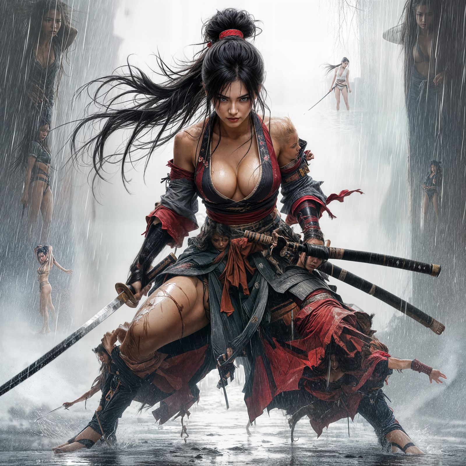 Geisha Warrior in Battle Stance with Katana in Rain