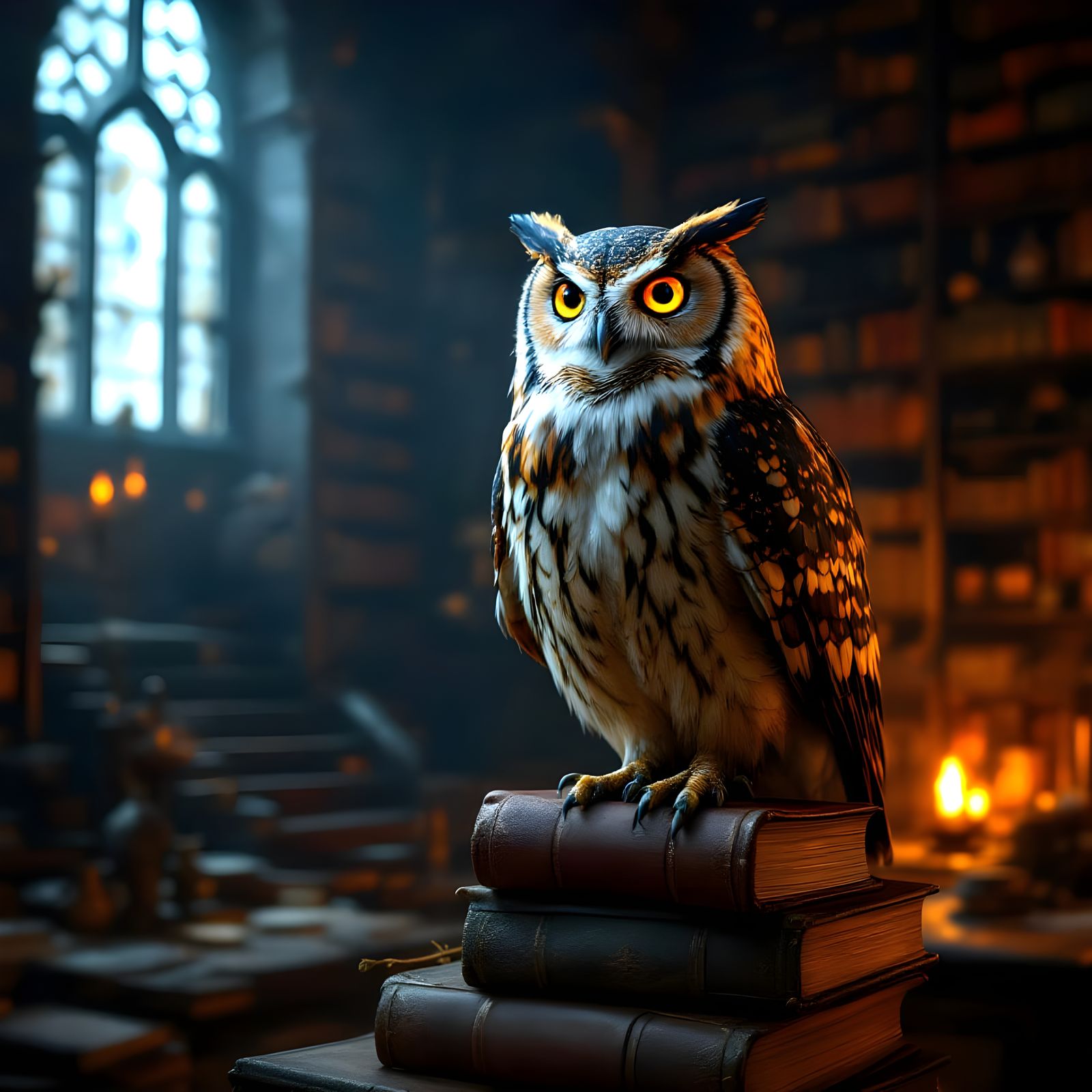 Wise Old Owl Amidst Ancient Books