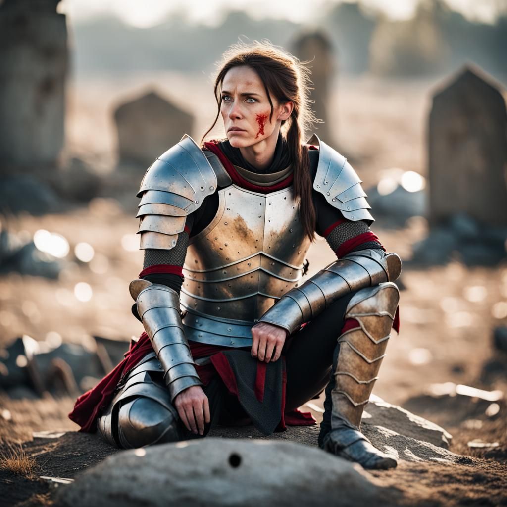female warrior in full blood armor sitting tired on a stone in the middle of a battlefield littered with dead bodies