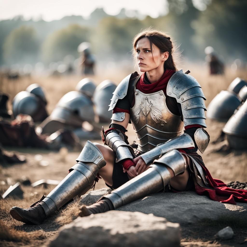 female warrior in full blood armor sitting tired on a stone in the middle of a battlefield littered with dead bodies