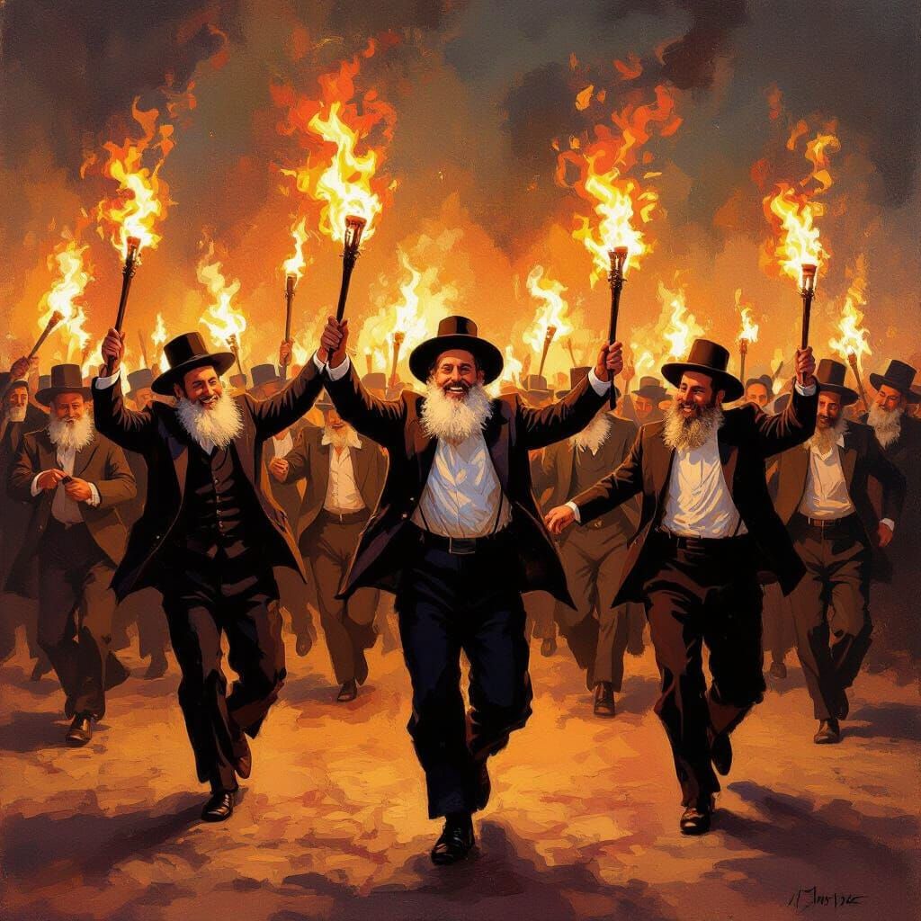 Joyful Torch Dance by Hasidic Men in Bonfire Light