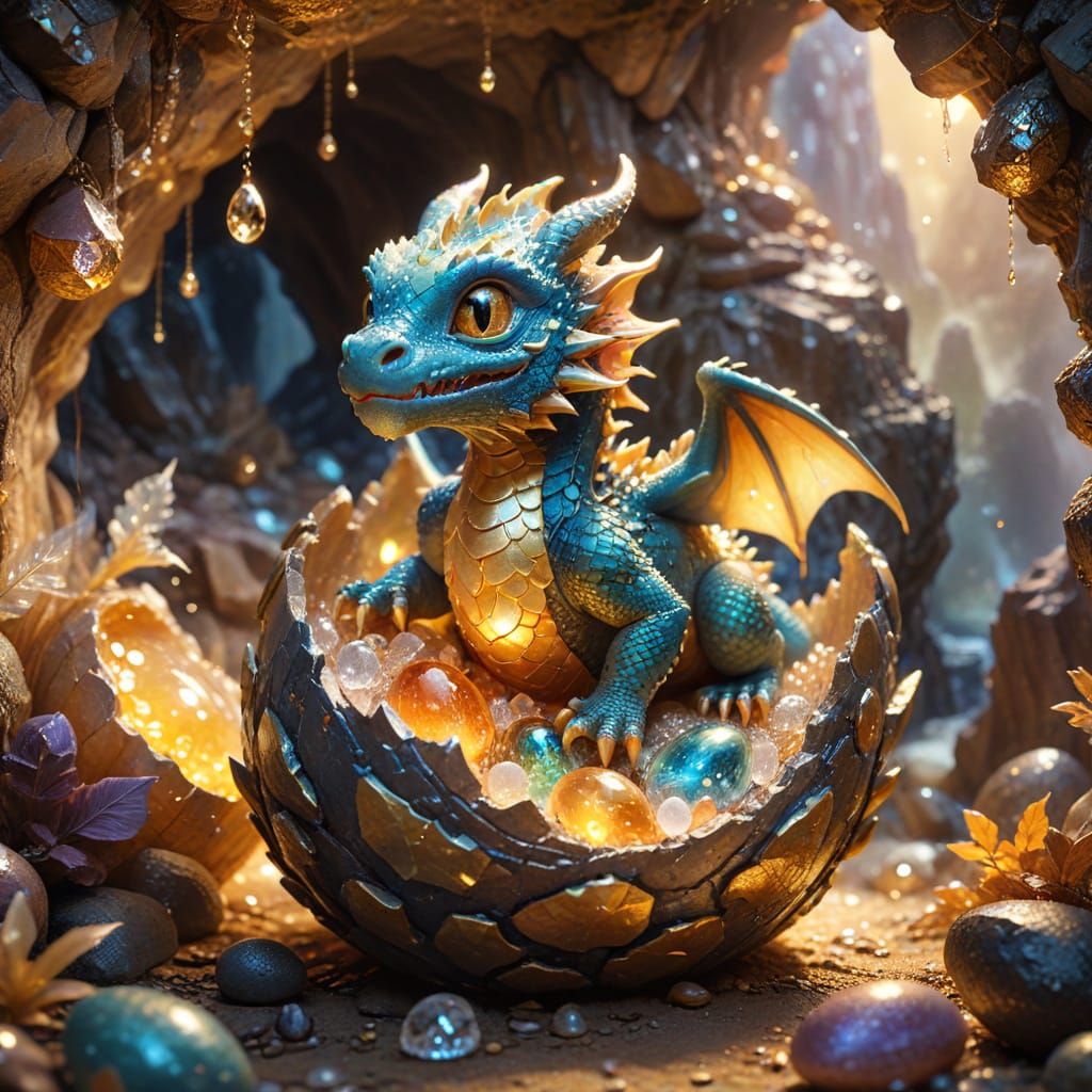 Cute Chibbi Dragon Emerging From Egg in Treasure Cave
