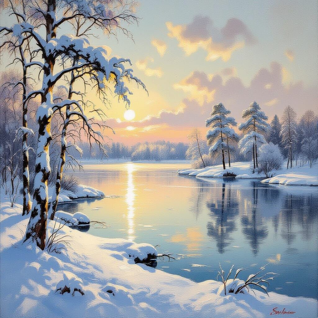 Winter Landscape in Impressionist Oil Painting Style