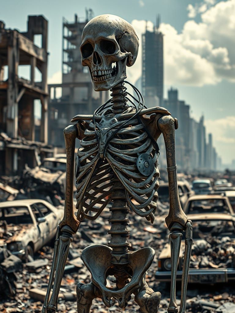 Damaged Cyborg Skeleton in Gritty Cyberpunk Ruins