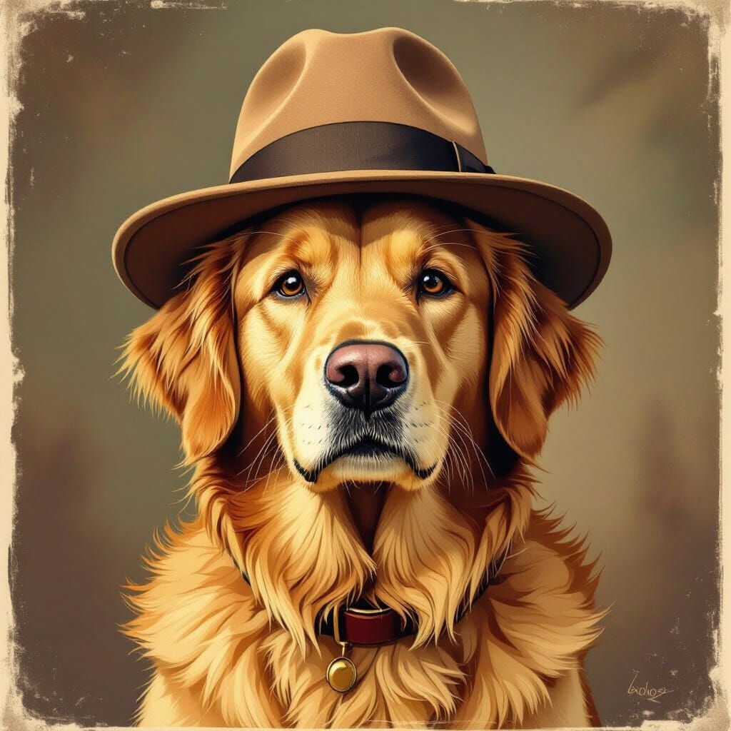 Golden Retriever in Fedora Hat Vintage Illustration