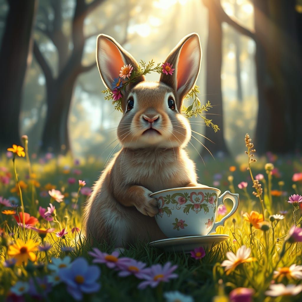 Vibrant Whimsy: Little Rabbit Delights in Catnip Wonderland