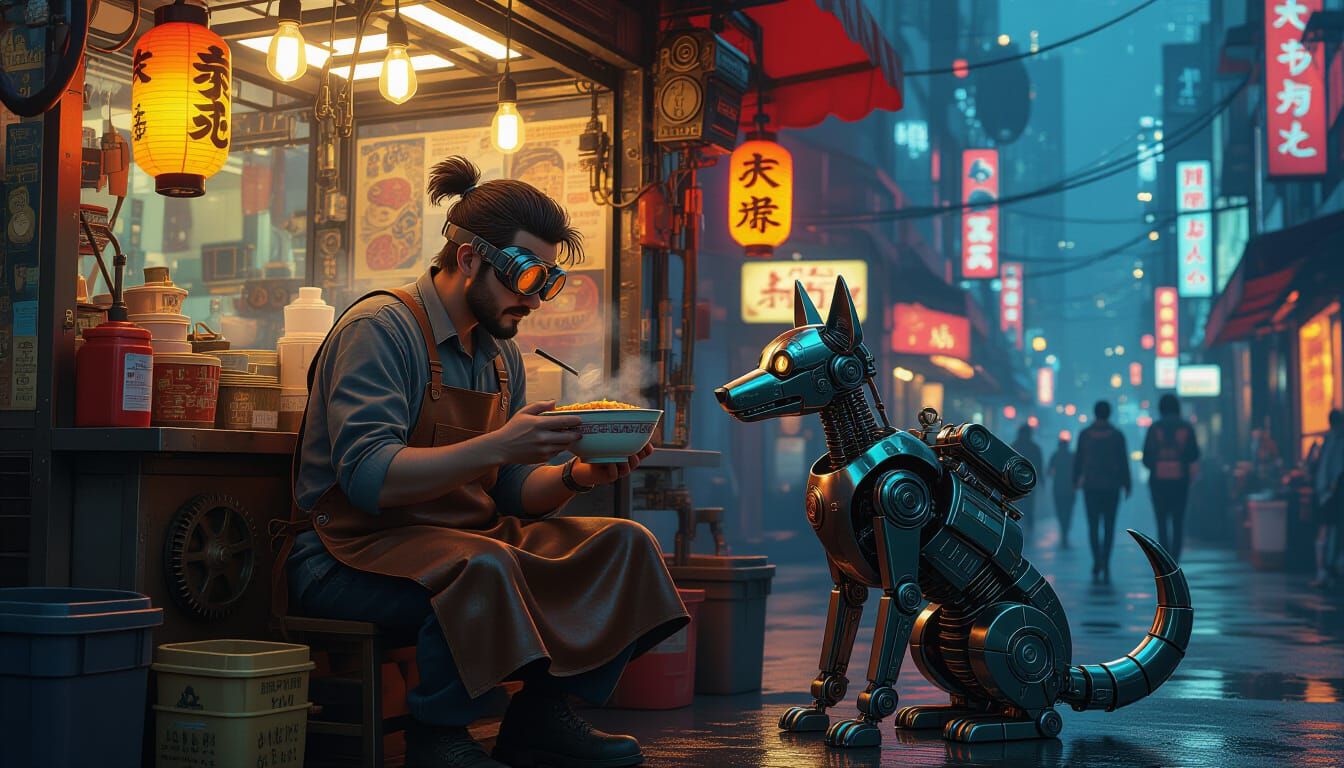 Steampunk Vendor Shares Ramen with Robot Dog in Neon City