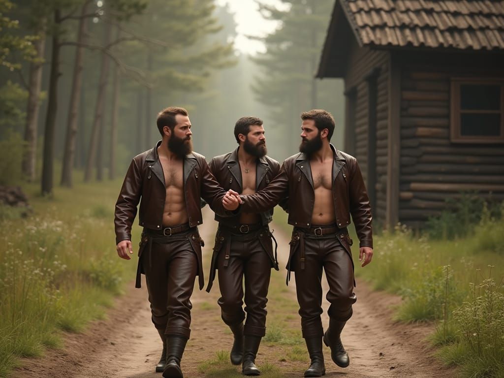 Men in Leather Uniforms on Forest Path: 3D Render