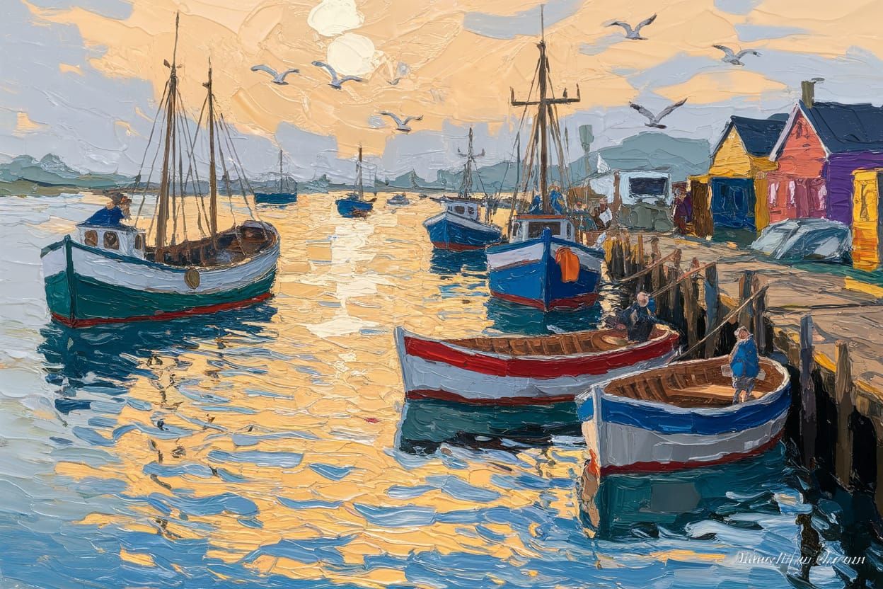 Vibrant Harbour Scene in Expressive Impasto Style